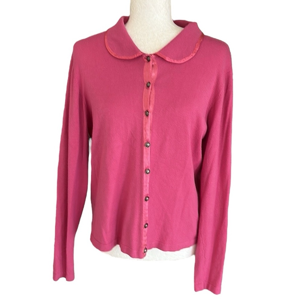 Vintage April Cornell Pink Knit Satin Trimmed Peter Pan Collared Cardigan - M